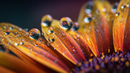 A stunning close-up of vibrant orange flower petals adorned with dew drops, showcasing intricate details and colors under soft natural light in a lush garden setting.の素材