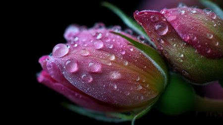 A stunning macro shot of pink flower buds adorned with droplets, capturing the essence of nature's beauty and freshness against a dark backdrop.の素材