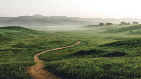 A tranquil landscape featuring a winding path through vibrant green fields and gentle hills, enveloped in soft morning light and a light mist, inviting exploration.の素材