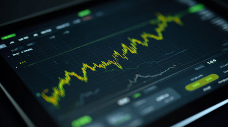 This image showcases a detailed digital stock market data chart on a tablet, featuring dynamic price trends and key analytics for informed investment decisions and market analysis.の素材