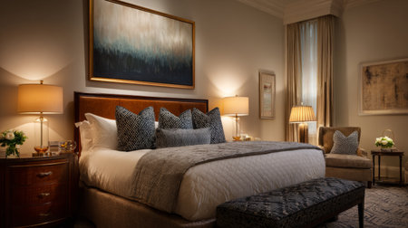 This serene bedroom features elegant furnishings, warm lighting, and soft textures that create a cozy atmosphere for relaxation and tranquility, ideal for restful nights.の素材