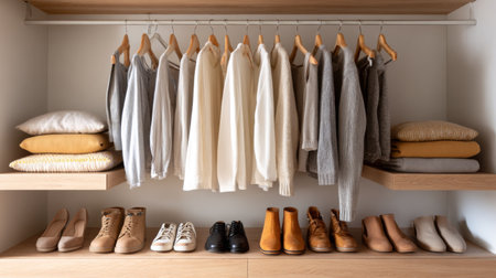 Discover a beautifully organized minimalist wardrobe featuring an array of sweaters, neatly arranged shoes, and stylish pillows, showcasing modern design and comfort.の素材