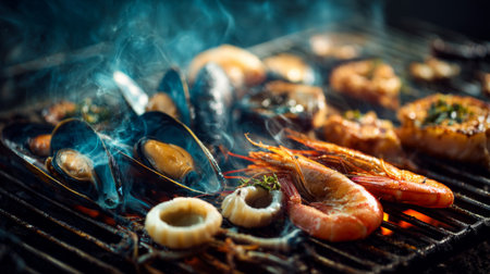 Enjoy the vibrant display of grilled seafood featuring shrimp, mussels, and fish, accented by rising smoke that enhances the culinary experience.の素材
