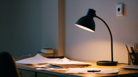 A cozy workspace featuring a stylish desk lamp casting warm light over scattered papers and stationery, creating an inviting atmosphere for study and creativity.の素材