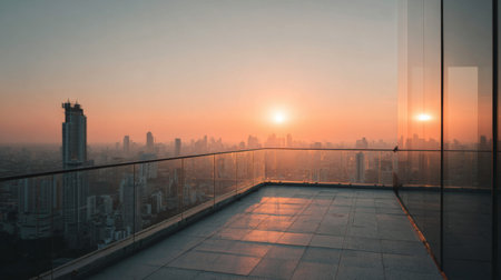 A breathtaking view of a vibrant sunrise illuminating the urban skyline from a beautiful rooftop balcony, showcasing a peaceful morning atmosphere and stunning scenery.の素材
