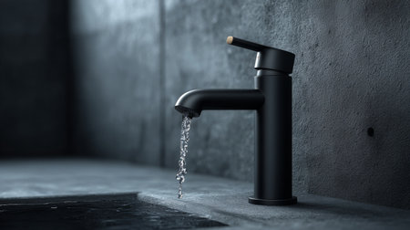 A sleek matte black faucet elegantly delivers a stream of water in a modern bathroom. The minimalist design enhances contemporary interior aesthetics seamlessly.の素材