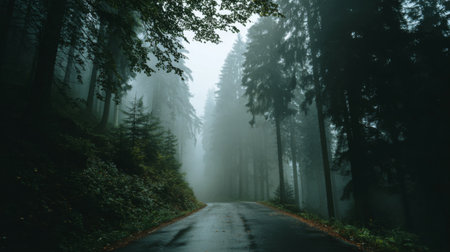 A serene scene of a foggy forest path inviting exploration through tall trees. The fog adds a mystical quality, perfect for capturing the essence of nature's beauty.の素材