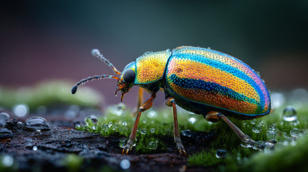 This stunning close-up captures a colorful beetle with iridescent patterns walking on a mossy surface. Raindrops enhance the vibrant colors, showcasing nature's beauty.の素材