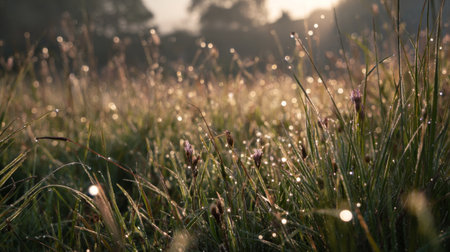 A close-up image capturing morning dew on grass blades illuminated by soft sunlight, creating a sparkling and tranquil scene in a serene landscape.の素材