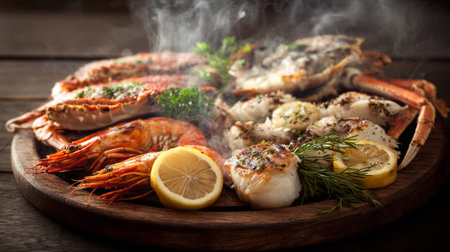 A tantalizing seafood platter featuring grilled shrimp, scallops, lobster, and crab, garnished with lemon slices and fresh herbs, perfect for any dining occasion.の素材