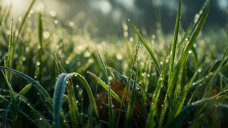 A close-up view of blades of grass adorned with glistening morning dew, captured in soft light, creating a serene and tranquil ambiance in nature's beauty.の素材