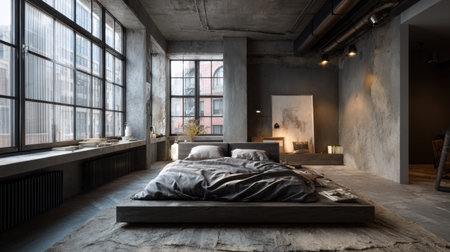 Bright and spacious industrial bedroom featuring minimalist decor, elegant bedding, and ample natural light pouring through large windows, creating a serene atmosphere.の素材
