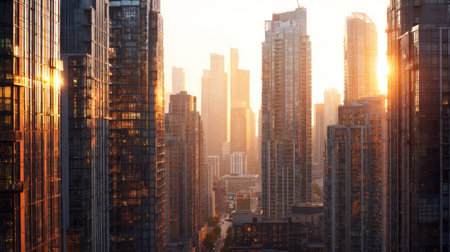 A stunning urban skyline at sunset, showcasing reflective glass buildings bathed in golden light. This scene captures the vibrant atmosphere of city life during evening hours.の素材