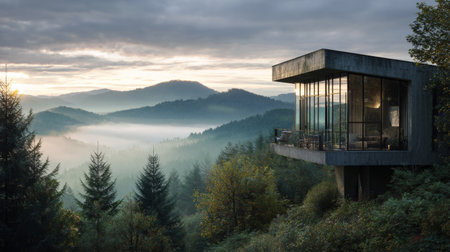 A stunning modern house stands on a hillside, surrounded by towering trees and mountains. The tranquil atmosphere is enhanced by soft morning light and fog.の素材