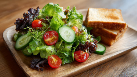 Enjoy a vibrant salad featuring fresh greens, cherry tomatoes, and cucumber, paired with crispy toast on a wooden plate, perfect for a healthy meal.の素材