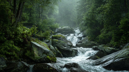 A serene view of a forest stream cascading over smooth rocks, surrounded by rich greenery and a mysterious mist, embodying the beauty of nature's tranquility.の素材