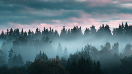 A tranquil view of a misty forest at dawn, showcasing dense trees shrouded in fog under a dramatic cloudy sky, enhancing the atmosphere of serenity in nature.の素材