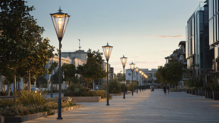 A peaceful urban walkway features glowing street lamps and lush greenery, creating an inviting atmosphere for evening strolls in a modern city setting.の素材