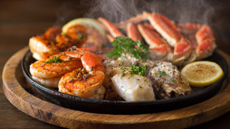 A mouthwatering seafood platter featuring shrimp, fish, and crab served hot and sizzling on a rustic wooden board with fresh herbs and lemon. Perfect for seafood lovers.の素材