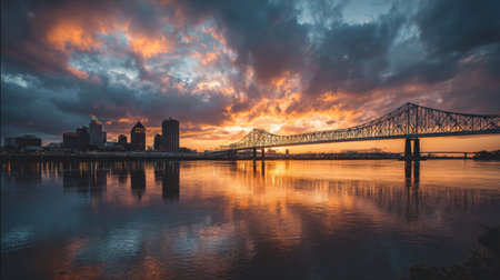 A breathtaking sunset paints the sky with vibrant shades over a city skyline. The calm water reflects the stunning colors, creating a serene urban landscape.の素材