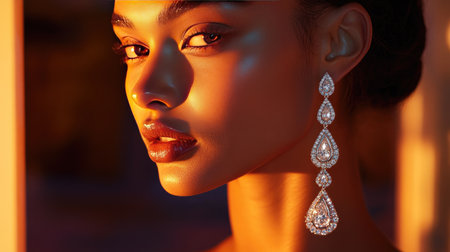 A model wearing exquisite diamond drop earrings, with the diamonds shimmering under soft lighting, emphasizing elegance and luxury.の素材