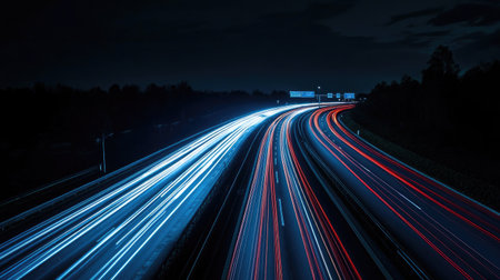 A nighttime image of a well-lit expressway, with streaks of headlights and taillights creating a dynamic pattern against the dark sky, symbolizing city life.の素材