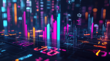 A multi-colored 3D bar graph emerging from a dark digital surface, surrounded by floating numbers and futuristic elements, highlighting market analysis.の素材