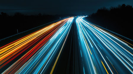 A nighttime image of a well-lit expressway, with streaks of headlights and taillights creating a dynamic pattern against the dark sky, symbolizing city life.の素材