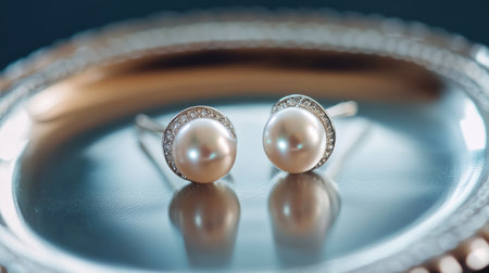 A pair of delicate pearl earrings displayed on a polished silver tray, with soft light reflecting off their glossy surface, symbolizing timeless elegance.の素材