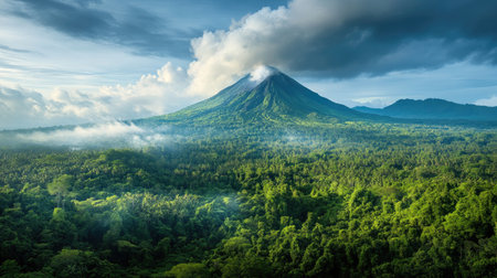 A panoramic view of a volcano in the distance, surrounded by lush green forests, with smoke rising from its crater, highlighting the contrast between beauty and danger.の素材