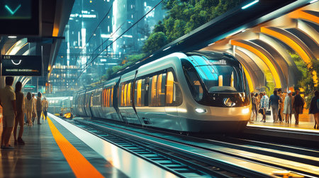 A modern electric train arriving at a bustling urban station, with passengers eagerly waiting to board, showcasing the efficiency of public transportation.の素材