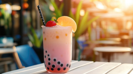 A refreshing bubble tea drink on a sunny patio, with vibrant colors and a slice of fruit garnish, perfect for enjoying on a warm day.の素材