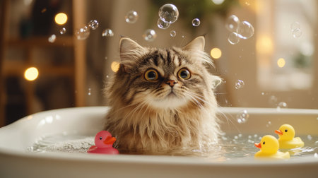 A playful scene of a fluffy cat sitting in a shallow tub, looking curiously at the water, with bubbles and colorful rubber ducks adding to the funの素材