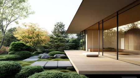 A modern Japanese home with minimalist design, large windows allowing natural light, and a wooden deck overlooking a landscaped garden, blending tradition and modernity.の素材