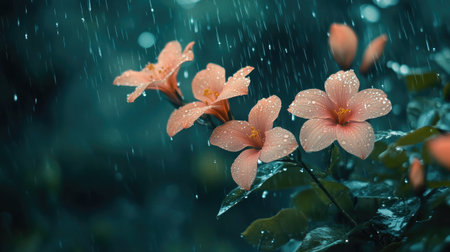 A rainy day scene with flowers in a garden, their petals adorned with sparkling droplets, creating a moody yet beautiful atmosphere in natureの素材