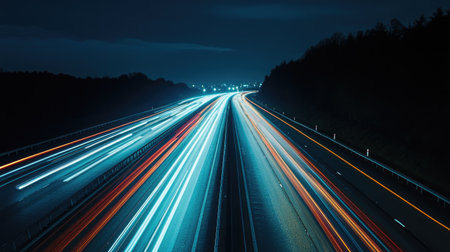 A nighttime shot of a brightly lit motorway, with headlights streaming past, showcasing the vibrant life of a city that never sleepsの素材