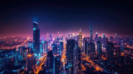 A panoramic view of a city skyline at night, with illuminated skyscrapers creating a dazzling display against the dark sky, symbolizing urban vibrancy.の素材