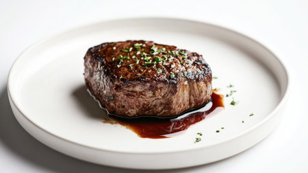 A perfectly cooked steak resting on a white plate, garnished with fresh herbs and a drizzle of sauce, against a clean white background for a minimalist presentation.の素材
