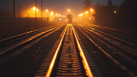 A night shot of illuminated railway tracks, with a train approaching in the distance, creating a dramatic and atmospheric scene of late-night travel.の素材