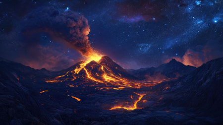 A nighttime scene of a volcano erupting, with lava illuminating the dark landscape, creating a striking contrast against the starry sky.の素材
