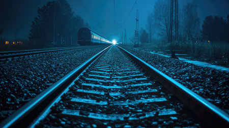 A night shot of illuminated railway tracks, with a train approaching in the distance, creating a dramatic and atmospheric scene of late-night travel.の素材