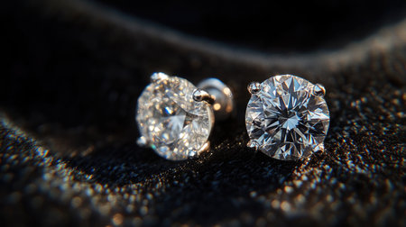 A pair of sparkling diamond earrings resting on a black velvet surface, with intricate details of the diamond cut highlighted under soft lighting.の素材