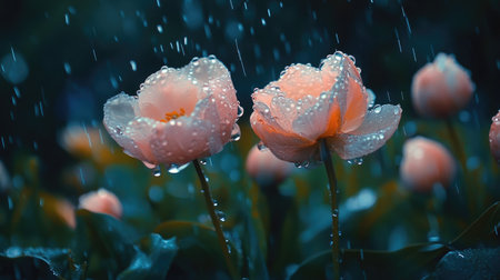 A rainy day scene with flowers in a garden, their petals adorned with sparkling droplets, creating a moody yet beautiful atmosphere in natureの素材