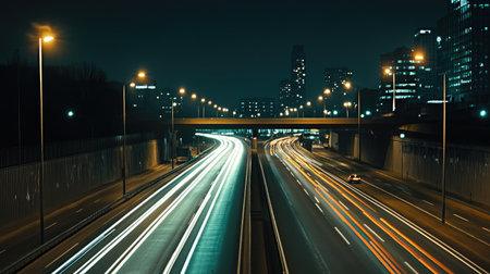 A nighttime shot of a brightly lit motorway, with headlights streaming past, showcasing the vibrant life of a city that never sleepsの素材
