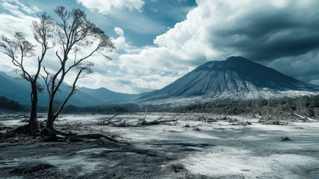 A photograph capturing the aftermath of a volcanic eruption, with ash-covered landscapes and fallen trees, illustrating the impact on the environment.の素材