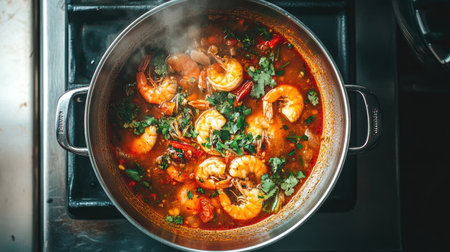 A dramatic overhead view of a bubbling pot of tom yum goong on a stove, with fresh shrimp and herbs floating in the spicy broth, capturing the cooking processの素材