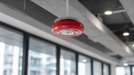 A red circular fire alarm hangs from the ceiling in a modern office space, showcasing contemporary design, safety features, and effective emergency readiness.の素材