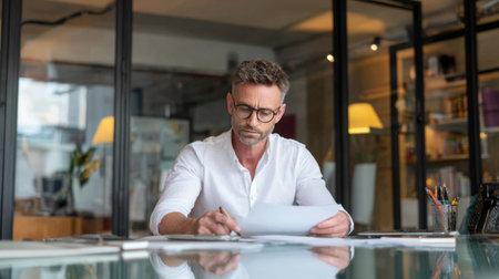 A focused businessman works diligently in a modern office environment, writing notes on a document at a sleek glass table. The stylish decor enhances the creative atmosphere.の素材