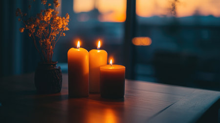 A serene scene of lit candles on a wooden table, casting a warm glow in a dimly lit room, creating a cozy and inviting atmosphere.の素材