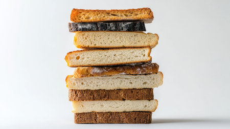 A stack of various toasted bread slices, including sourdough and whole grain, arranged artfully on a white background, highlighting their textures and colorsの素材